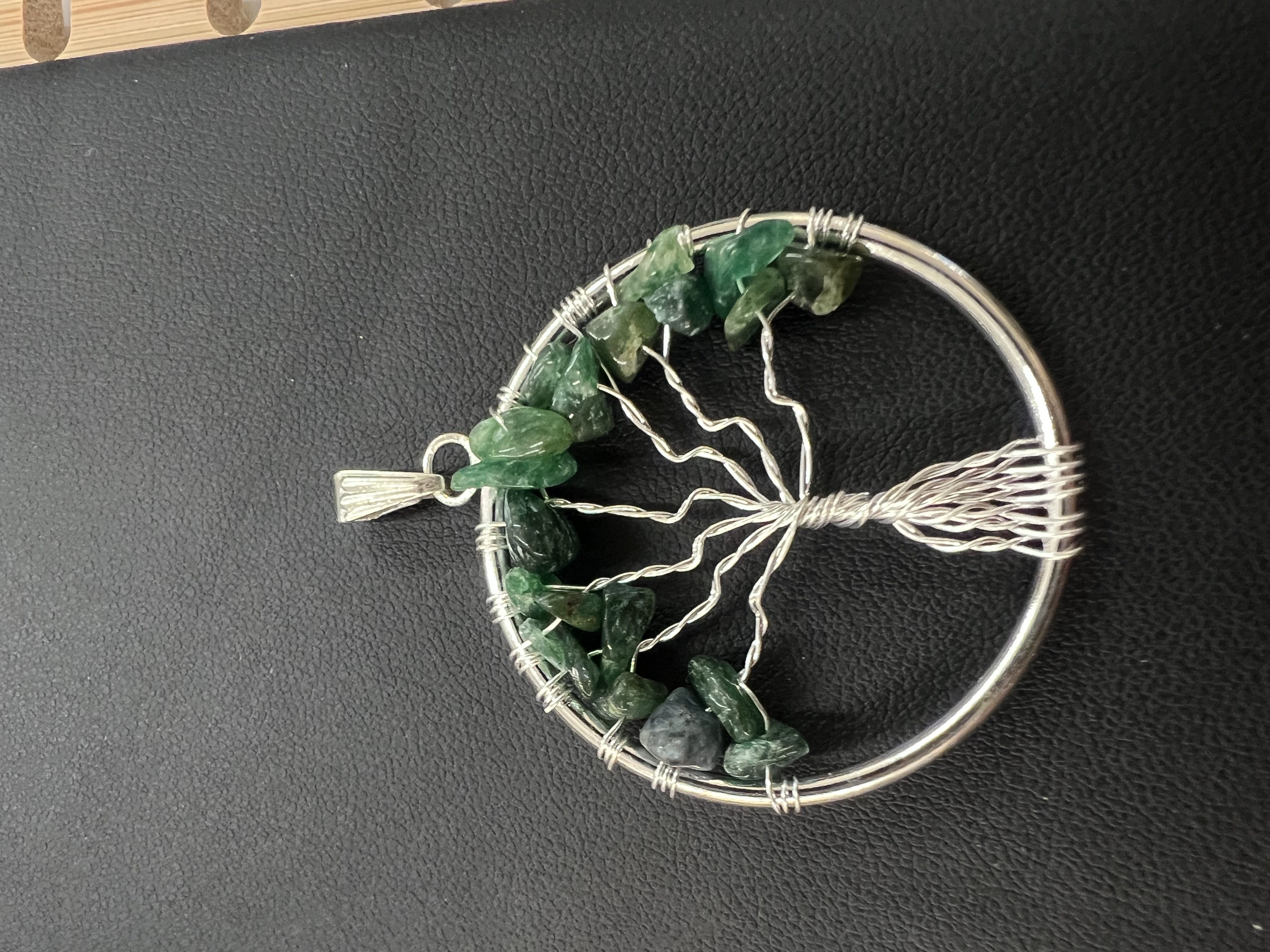 Natural Stone Tree of Life Pendant in Silver - 1.5 inches - Green Aventurine